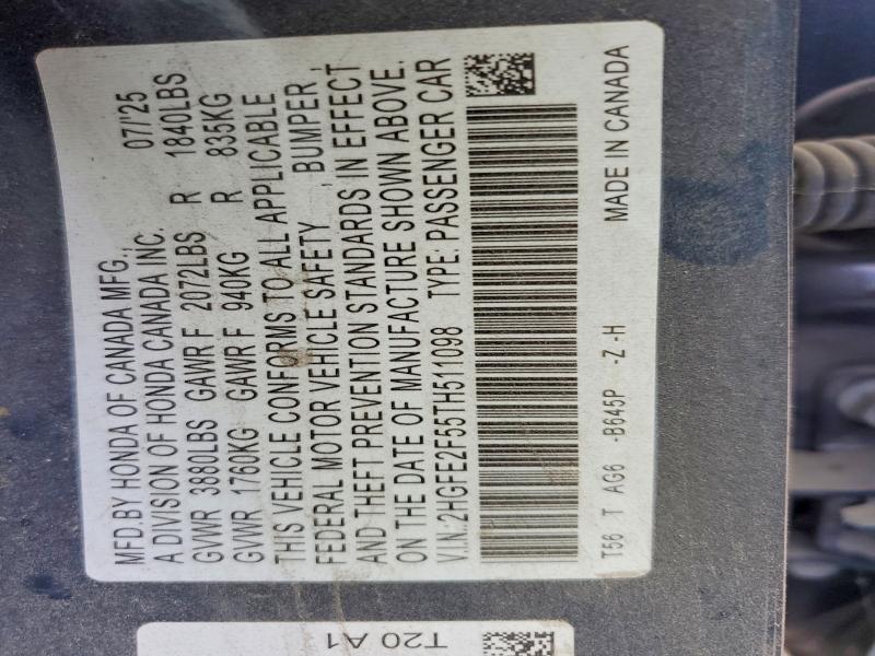 2HGFE2F55TH511098 2026 HONDA CIVIC photo no. 12
