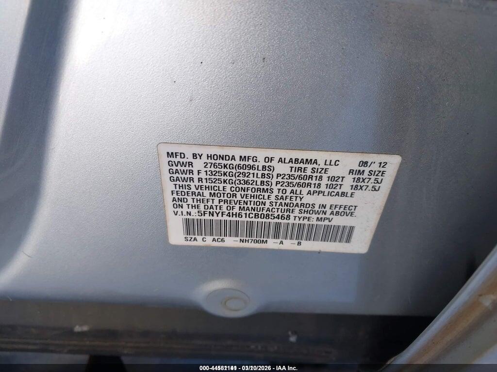 5FNYF4H61CB085468 2012 HONDA PILOT photo no. 9