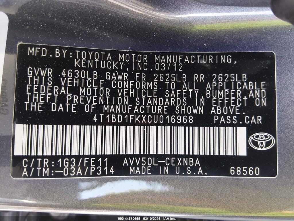 4T1BD1FKXCU016968 2012 TOYOTA CAMRY HYBRID photo no. 9
