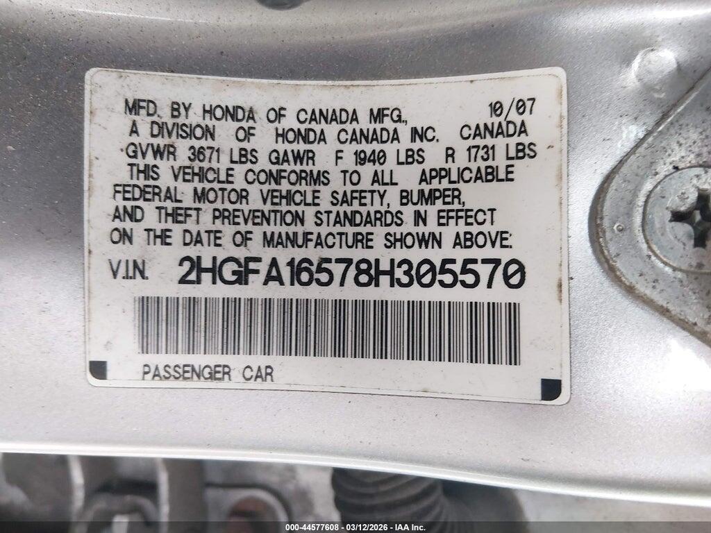 2HGFA16578H305570 2008 HONDA CIVIC photo no. 9