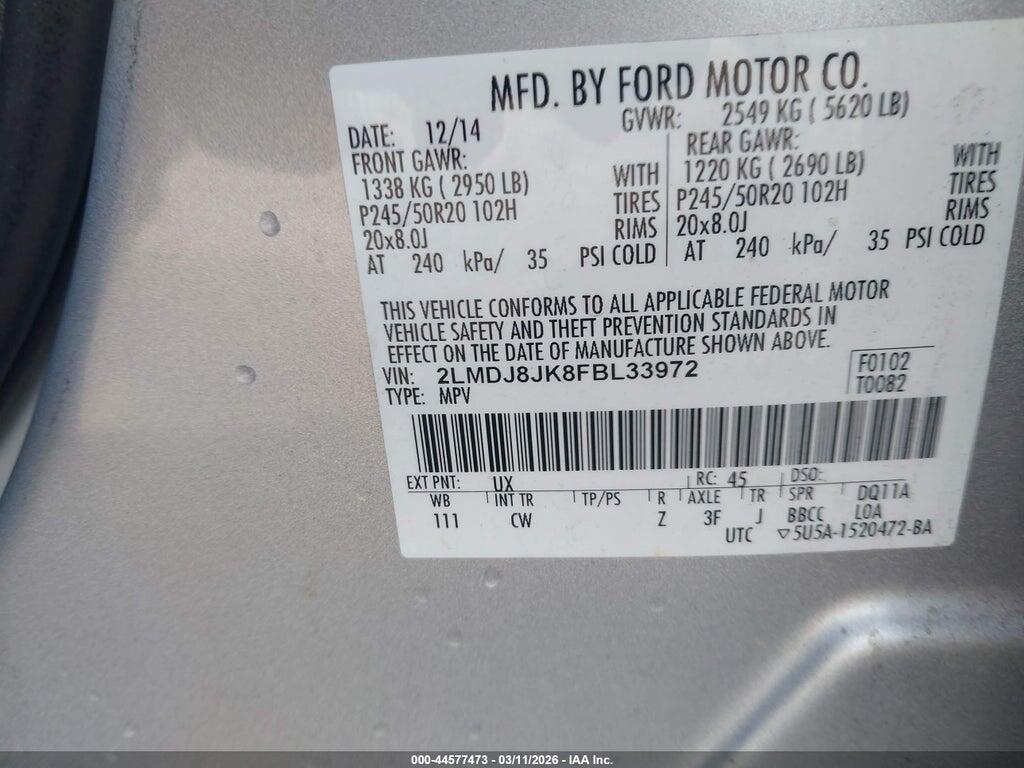 2LMDJ8JK8FBL33972 2015 LINCOLN MKX photo no. 9