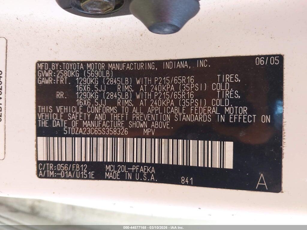 5TDZA23C65S358326 2005 TOYOTA SIENNA photo no. 9