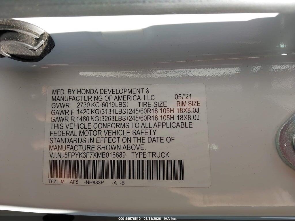 5FPYK3F7XMB016689 2021 HONDA RIDGELINE photo no. 9