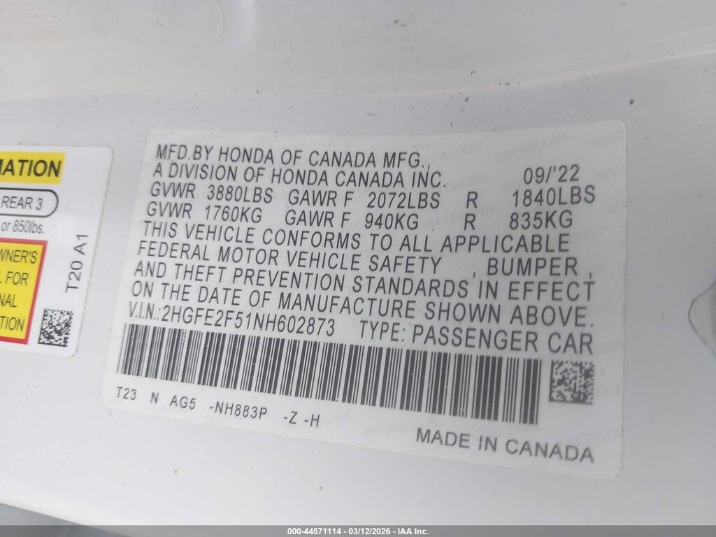 2HGFE2F51NH602873 2022 HONDA CIVIC photo no. 9