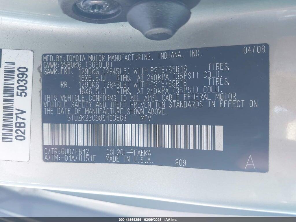 5TDZK23C98S193583 2008 TOYOTA SIENNA photo no. 9
