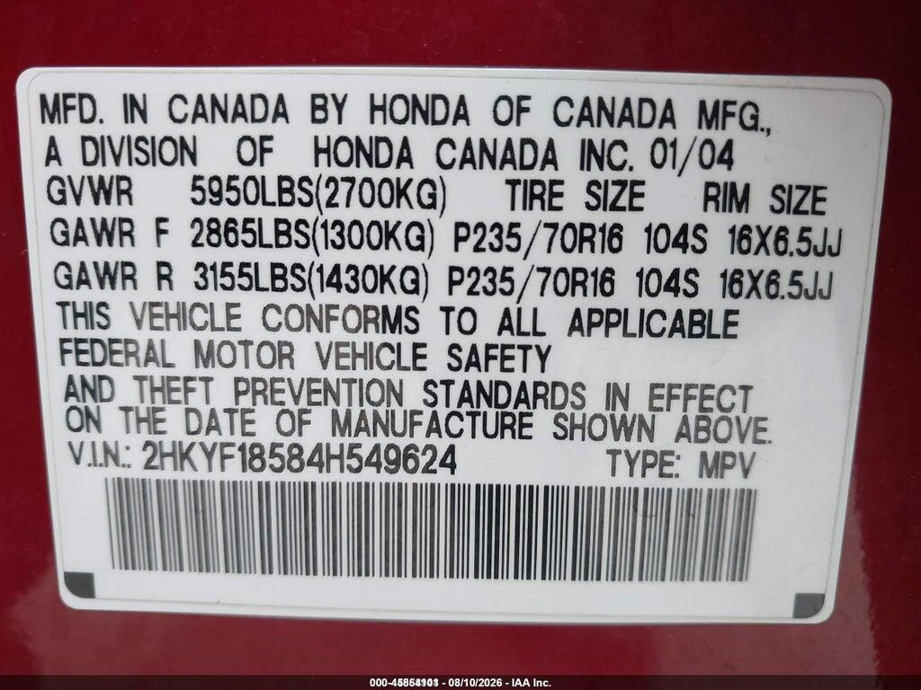 2HKYF18584H549624 2004 HONDA PILOT photo no. 9