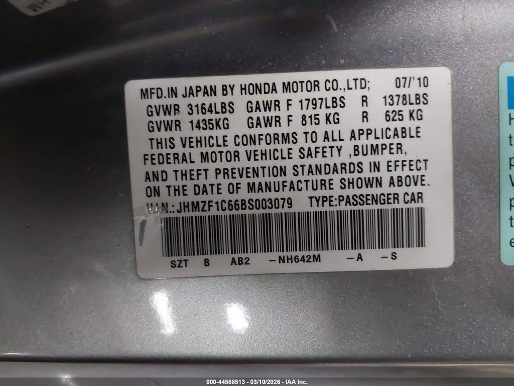 JHMZF1C66BS003079 2011 HONDA CR-Z photo no. 9