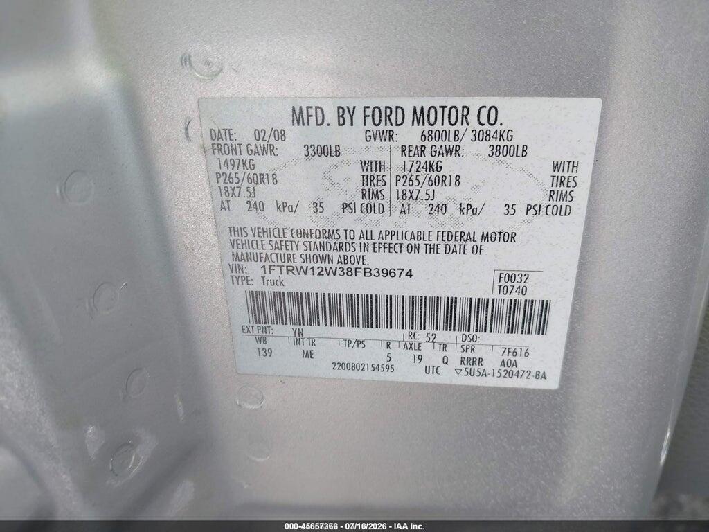 1FTRW12W38FB39674 2008 FORD F-150 photo no. 9