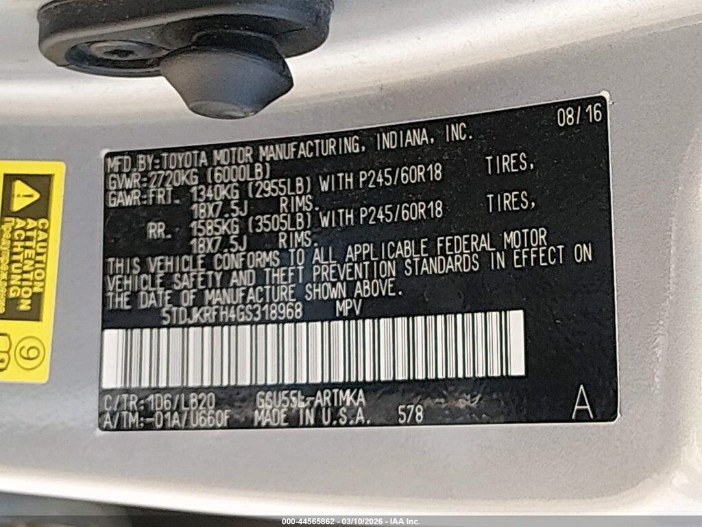 5TDJKRFH4GS318968 2016 TOYOTA HIGHLANDER photo no. 9