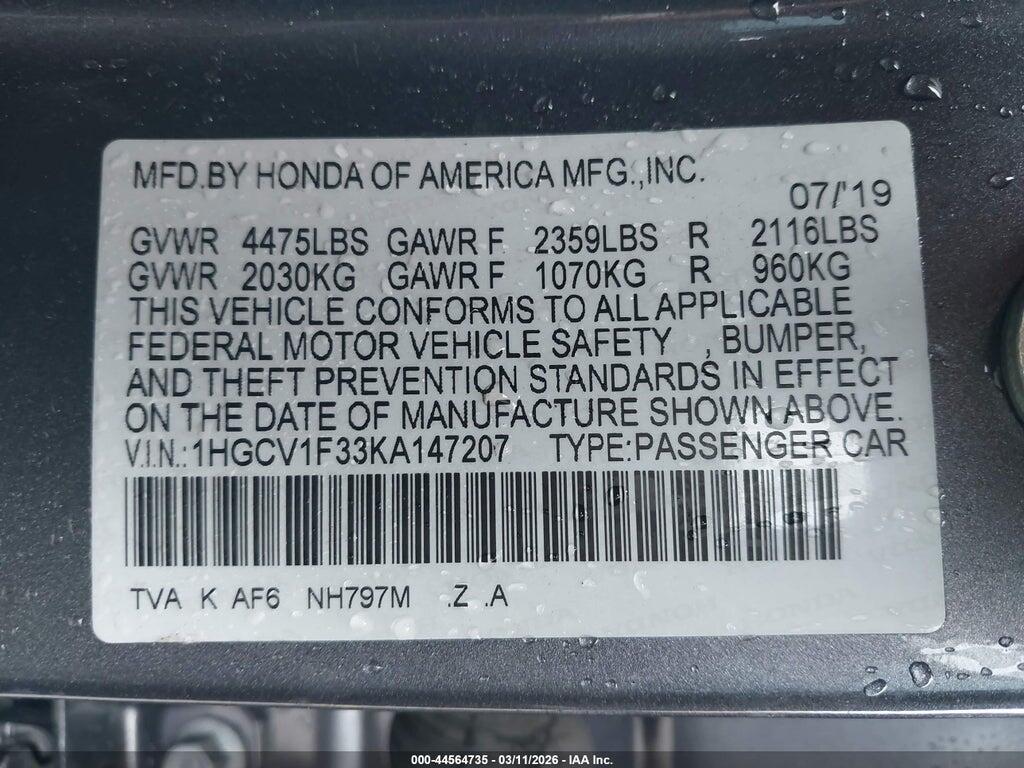 1HGCV1F33KA147207 2019 HONDA ACCORD photo no. 9