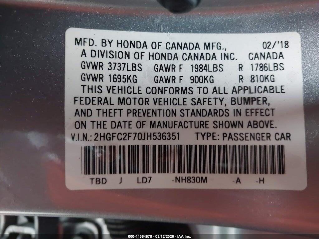 2HGFC2F70JH536351 2018 HONDA CIVIC photo no. 9