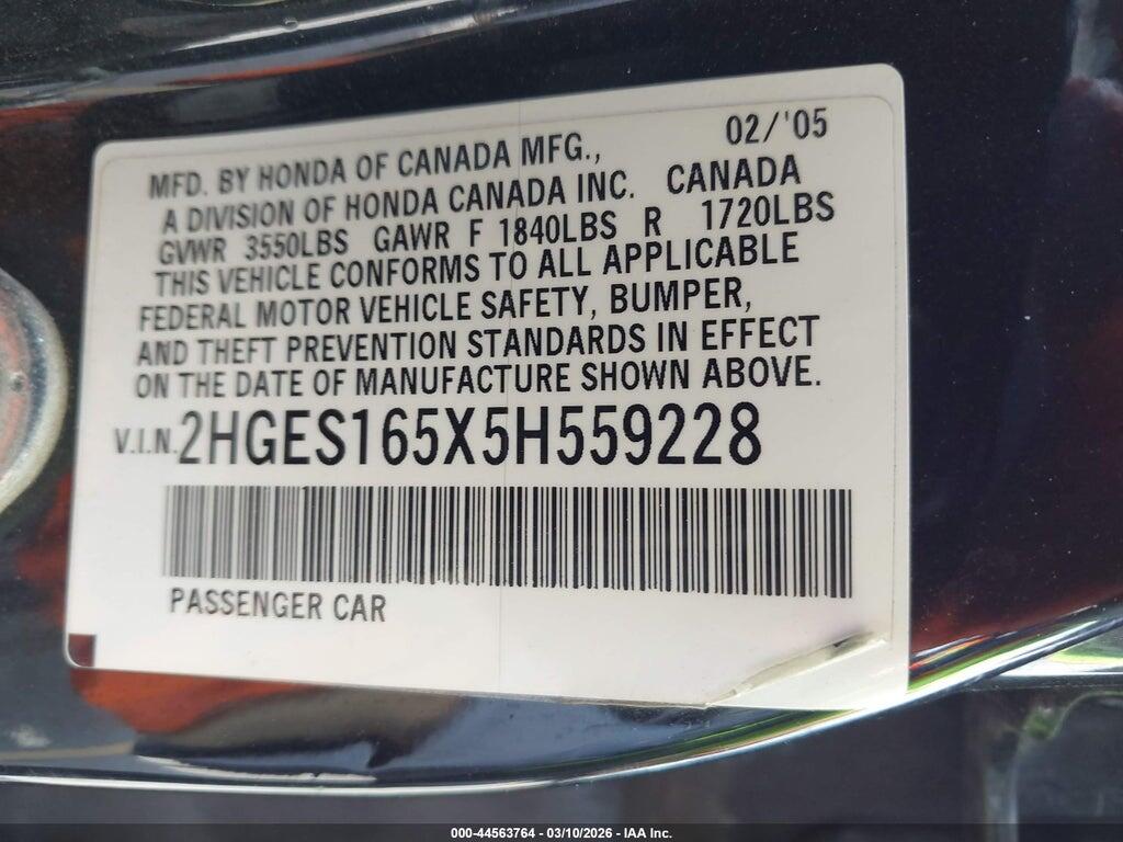 2HGES165X5H559228 2005 HONDA CIVIC photo no. 9