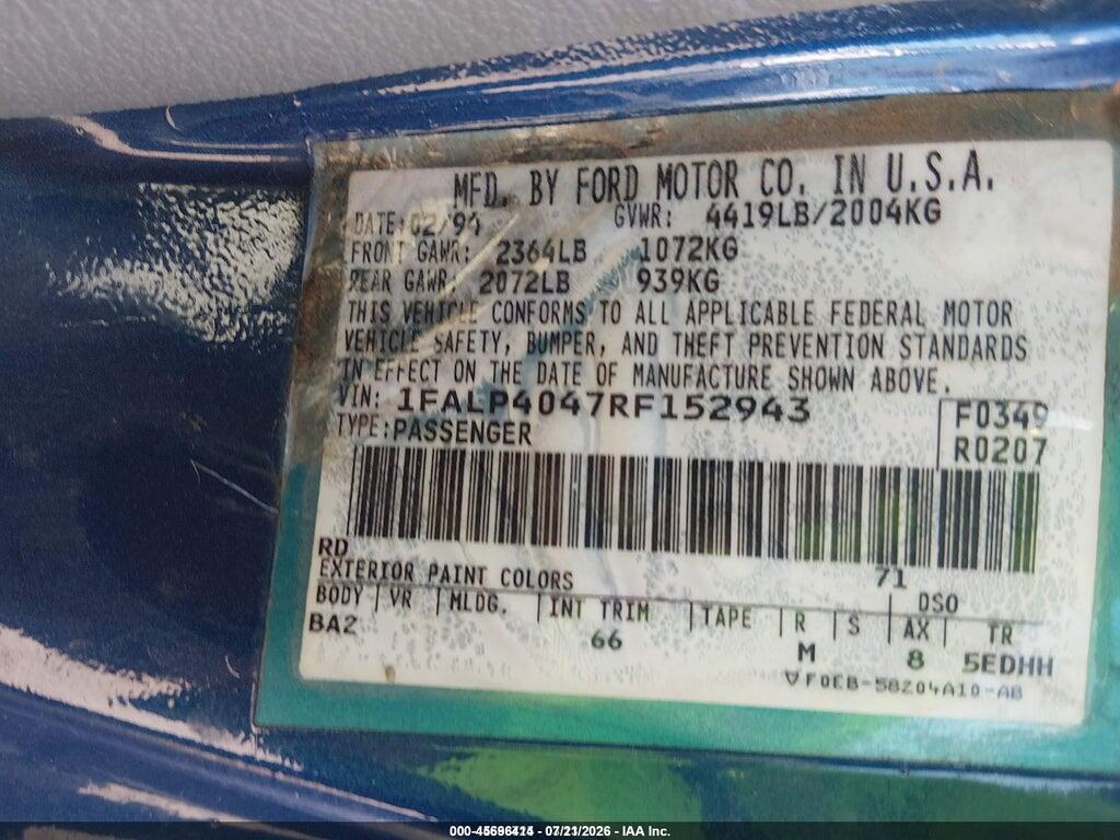 1FALP4047RF152943 1994 FORD MUSTANG photo no. 9