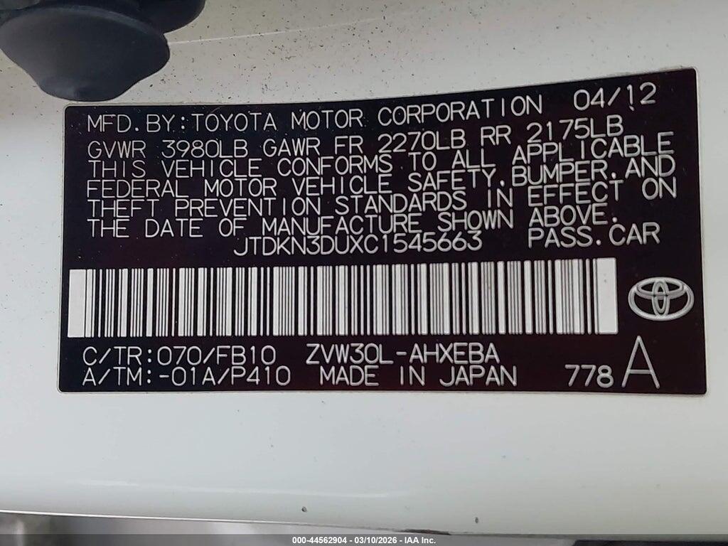 JTDKN3DUXC1545663 2012 TOYOTA PRIUS photo no. 9