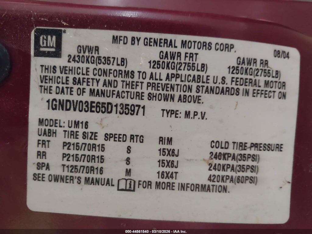 1GNDV03E65D135971 2005 CHEVROLET VENTURE photo no. 9