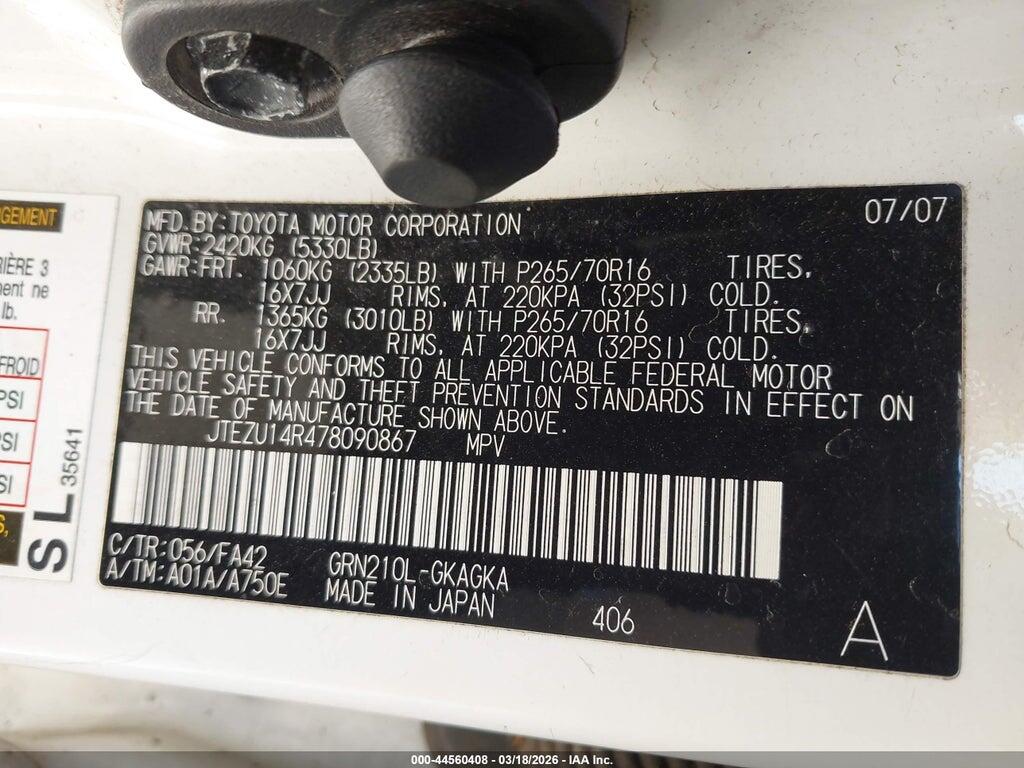 JTEZU14R478090867 2007 TOYOTA 4RUNNER photo no. 9