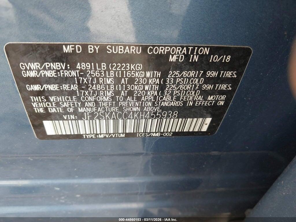 JF2SKACC4KH455938 2019 SUBARU FORESTER photo no. 9
