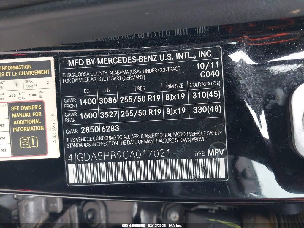 4JGDA5HB9CA017021 2012 MERCEDES-BENZ ML 350 photo no. 9