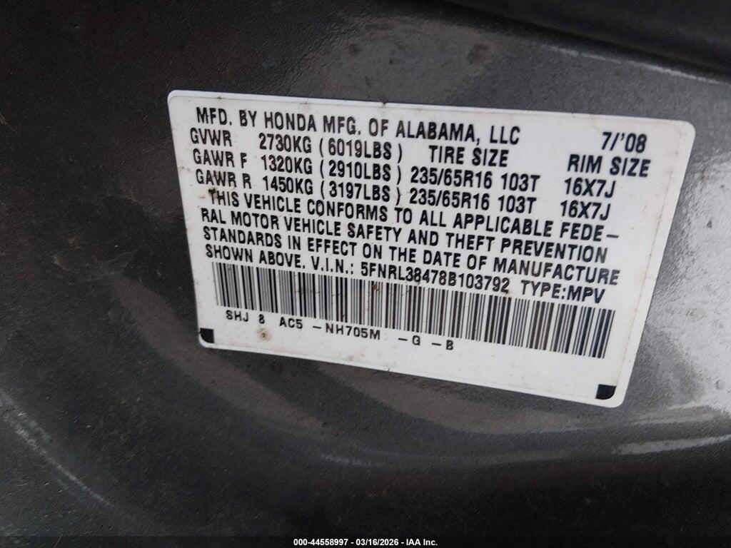 5FNRL38478B103792 2008 HONDA ODYSSEY photo no. 9