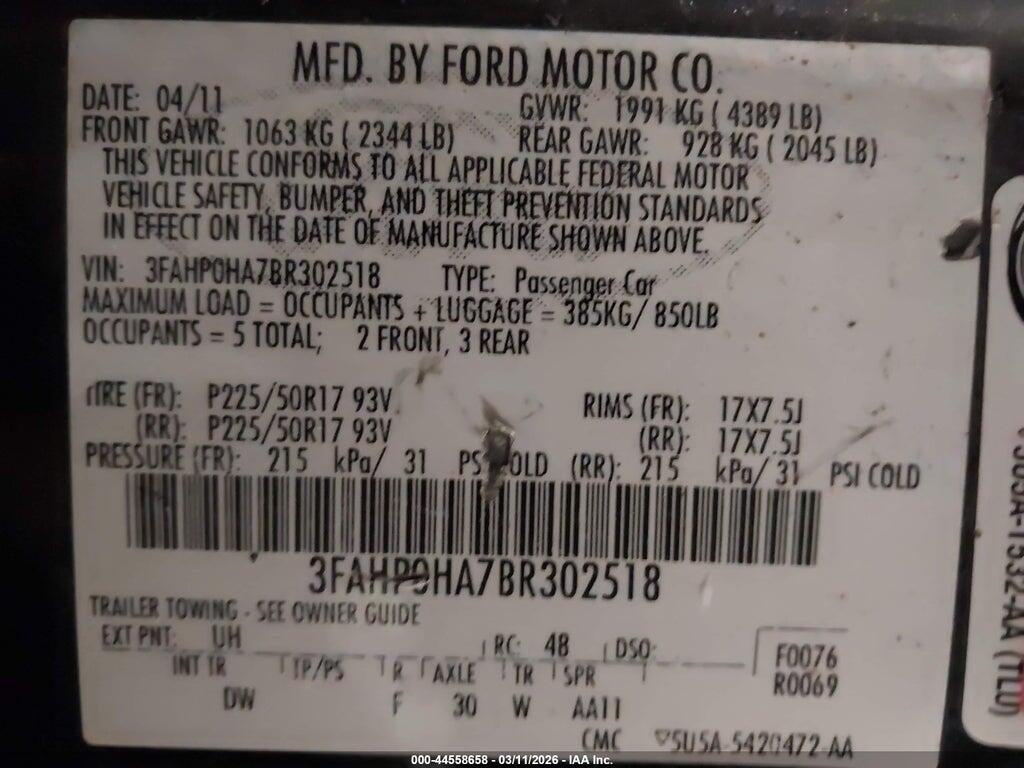 3FAHP0HA7BR302518 2011 FORD FUSION photo no. 9