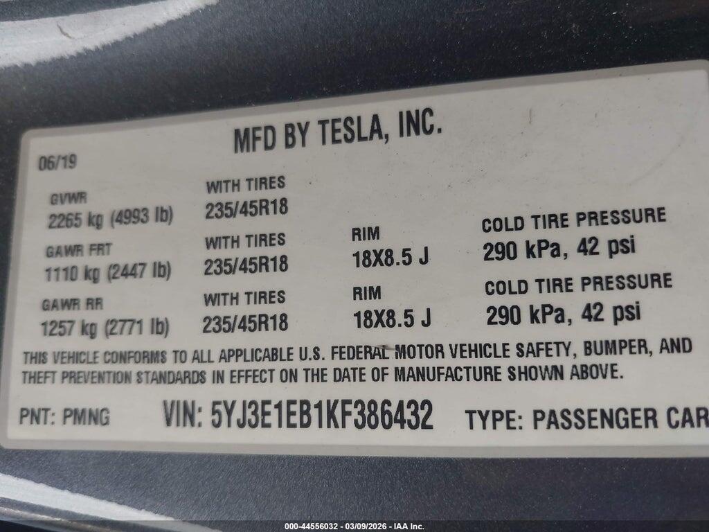 5YJ3E1EB1KF386432 2019 TESLA MODEL 3 photo no. 9