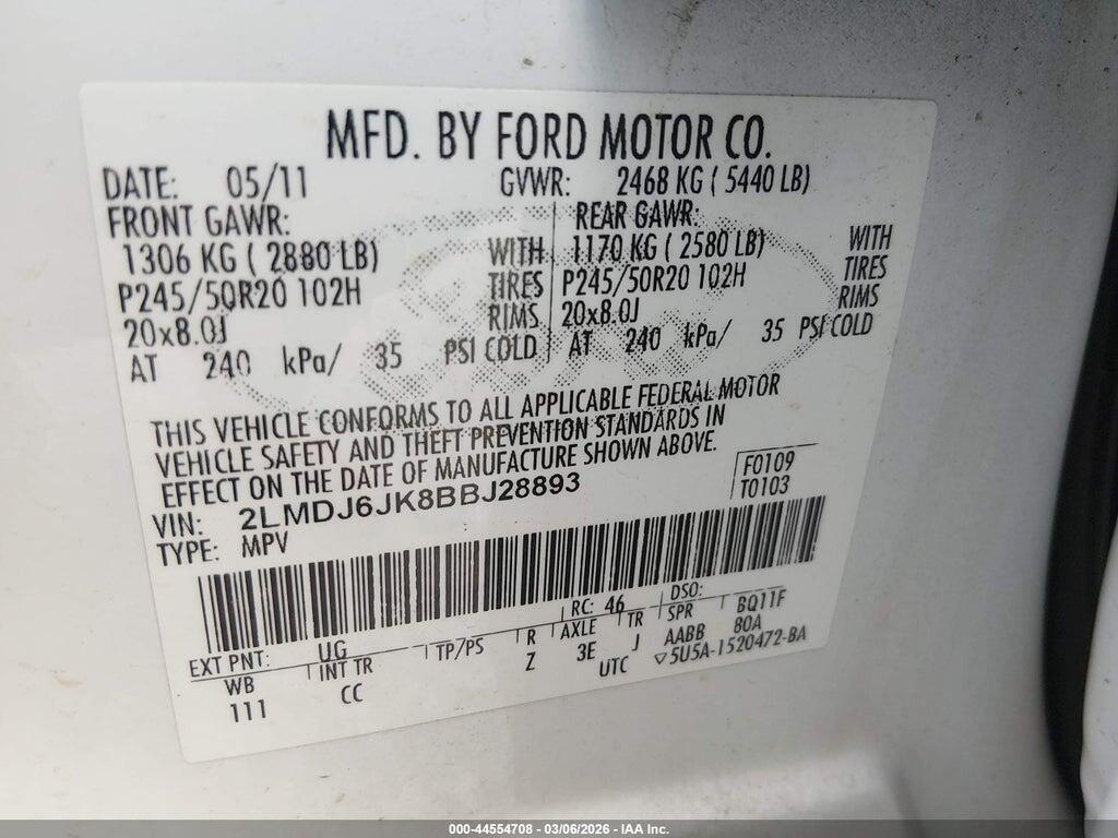 2LMDJ6JK8BBJ28893 2011 LINCOLN MKX photo no. 9