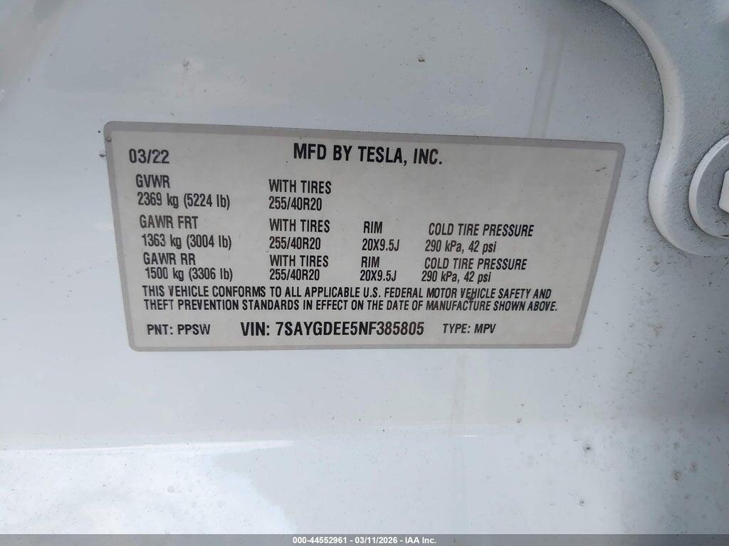 7SAYGDEE5NF385805 2022 TESLA MODEL Y photo no. 9