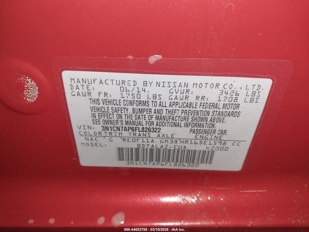 3N1CN7AP6FL826322 2015 NISSAN VERSA photo no. 9