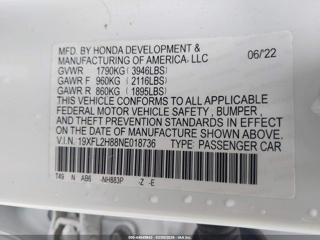 19XFL2H88NE018736 2022 HONDA CIVIC photo no. 9