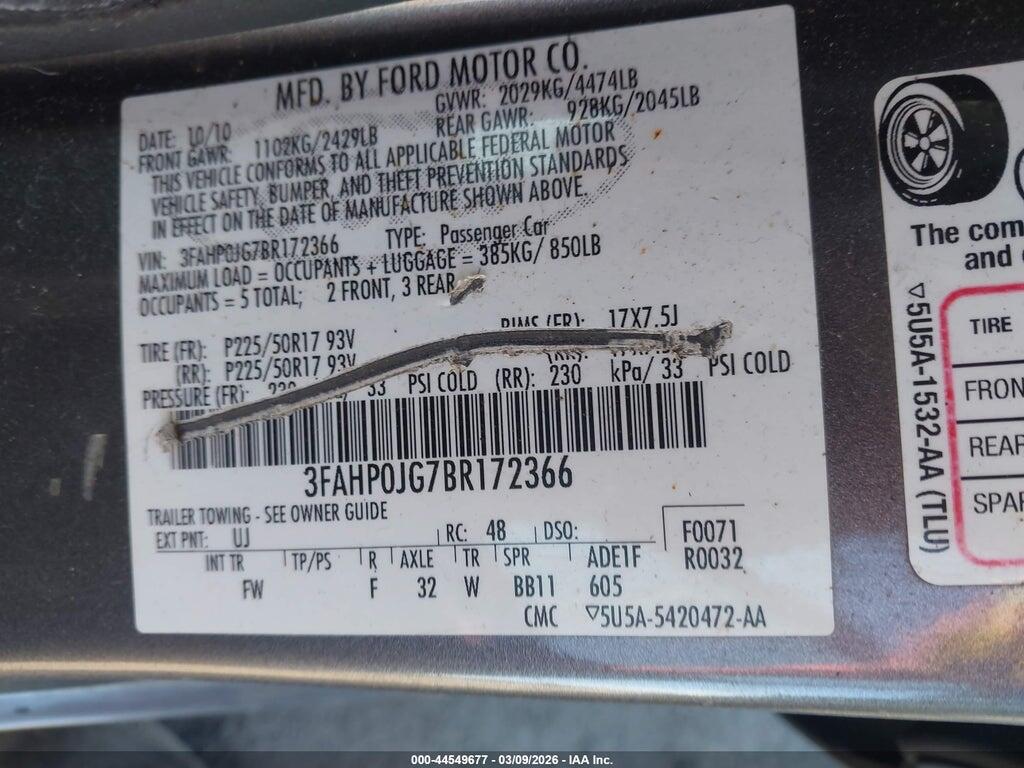3FAHP0JG7BR172366 2011 FORD FUSION photo no. 9