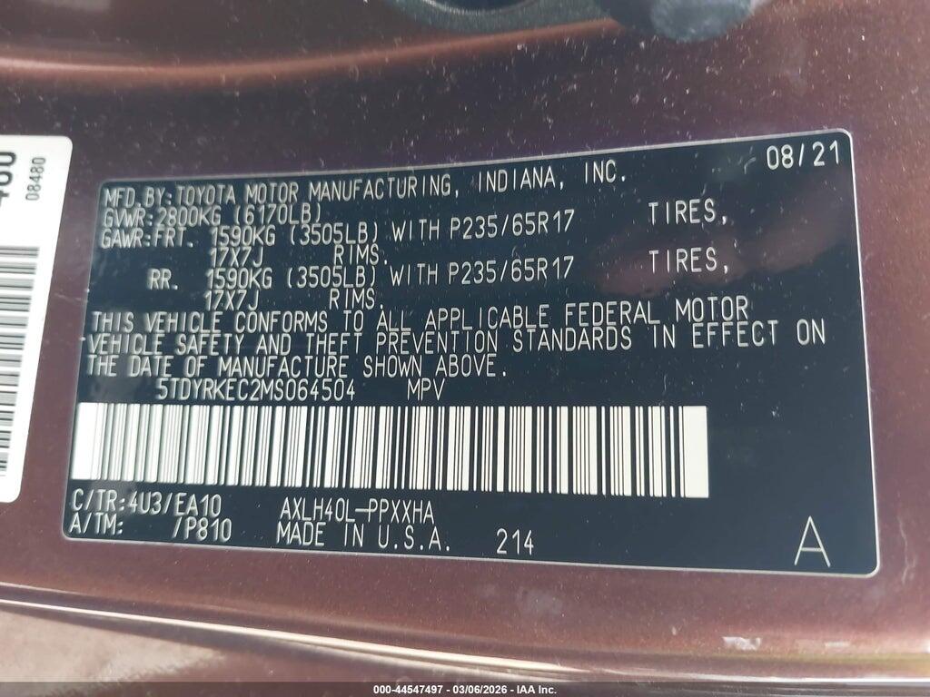 5TDYRKEC2MS064504 2021 TOYOTA SIENNA photo no. 9