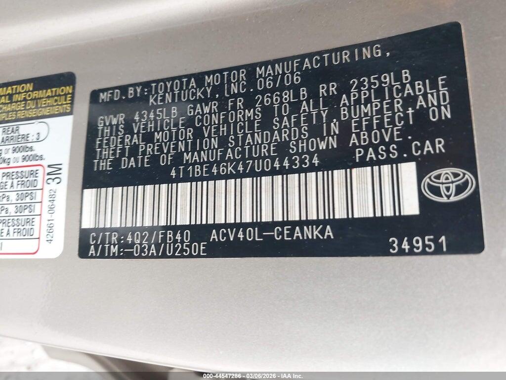 4T1BE46K47U044334 2007 TOYOTA CAMRY photo no. 9