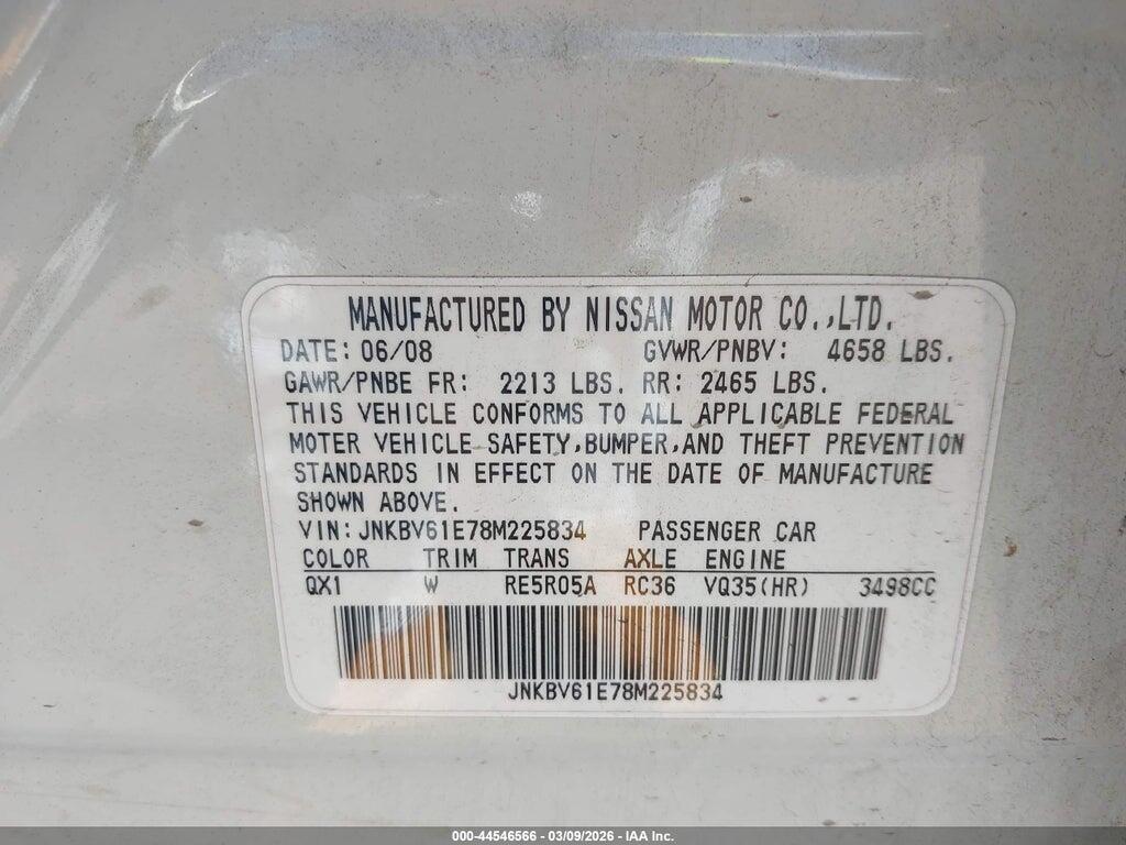 JNKBV61E78M225834 2008 INFINITI G35 photo no. 9