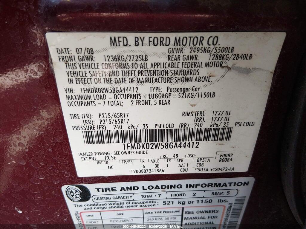 1FMDK02W58GA44412 2008 FORD TAURUS X photo no. 9