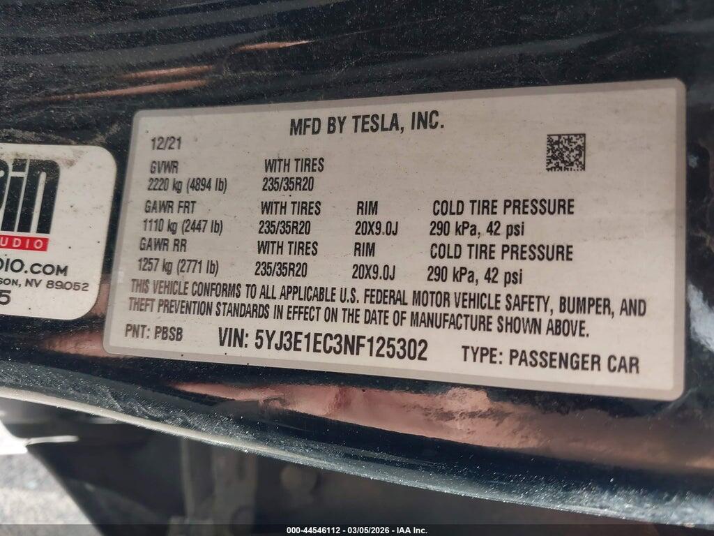 5YJ3E1EC3NF125302 2022 TESLA MODEL 3 photo no. 9