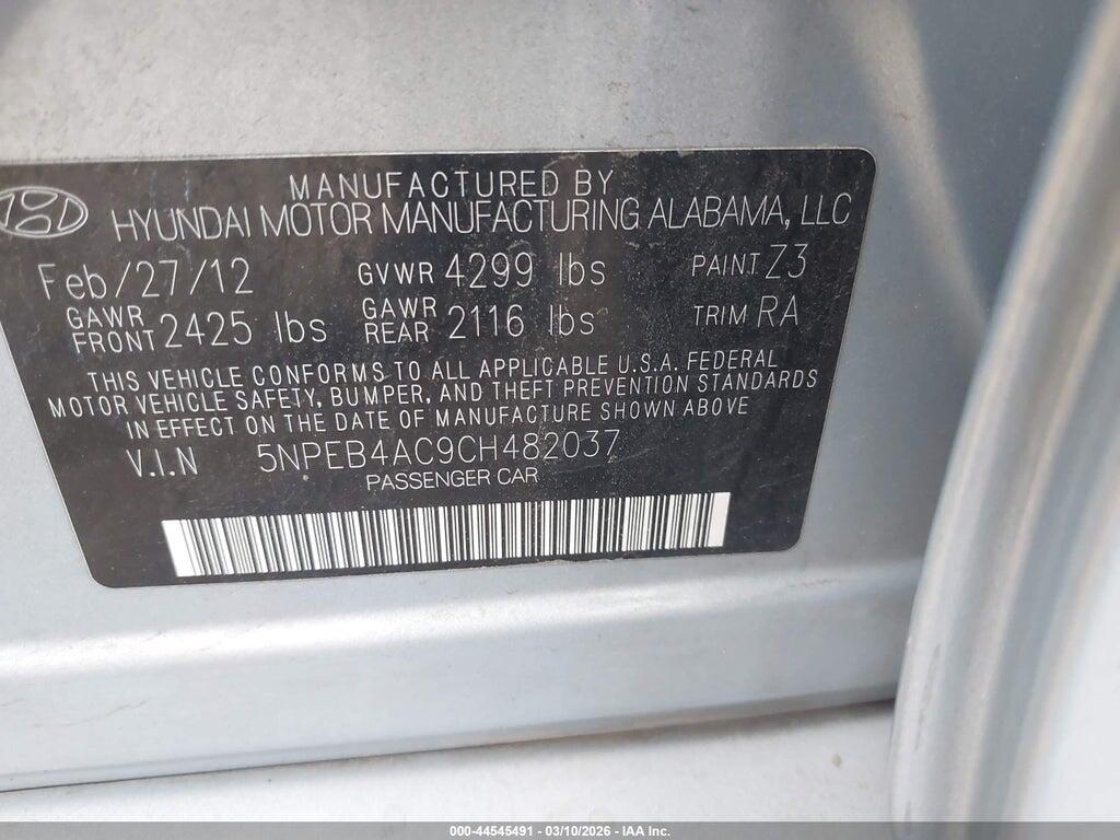 5NPEB4AC9CH482037 2012 HYUNDAI SONATA photo no. 9
