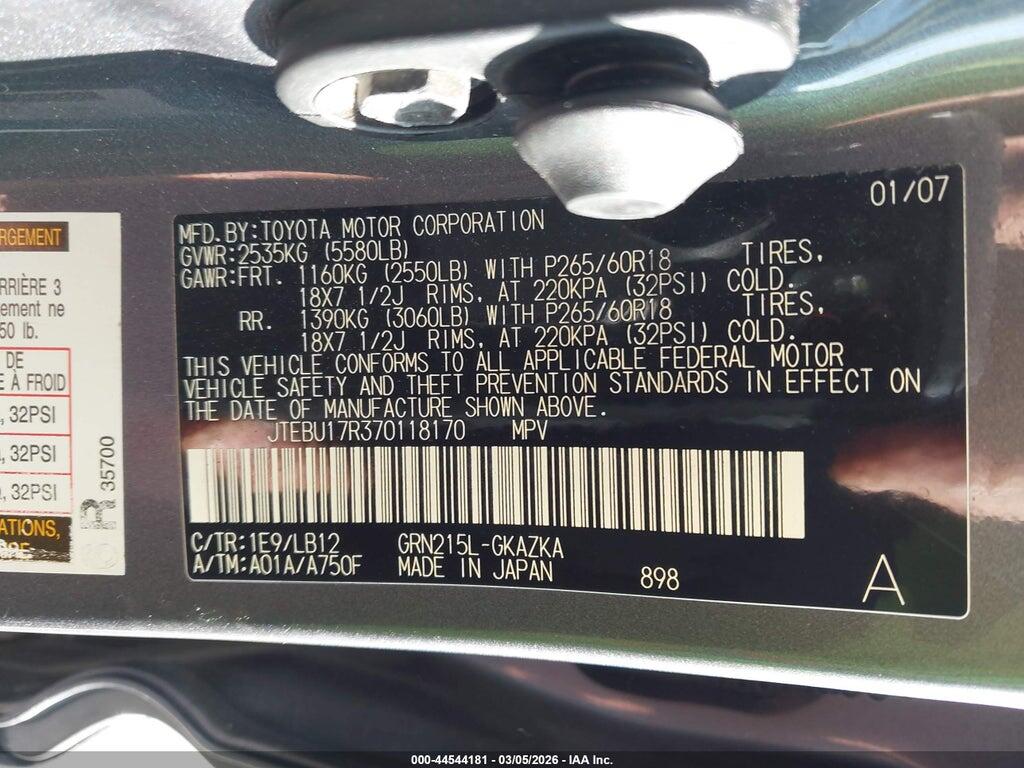 JTEBU17R370118170 2007 TOYOTA 4RUNNER photo no. 9