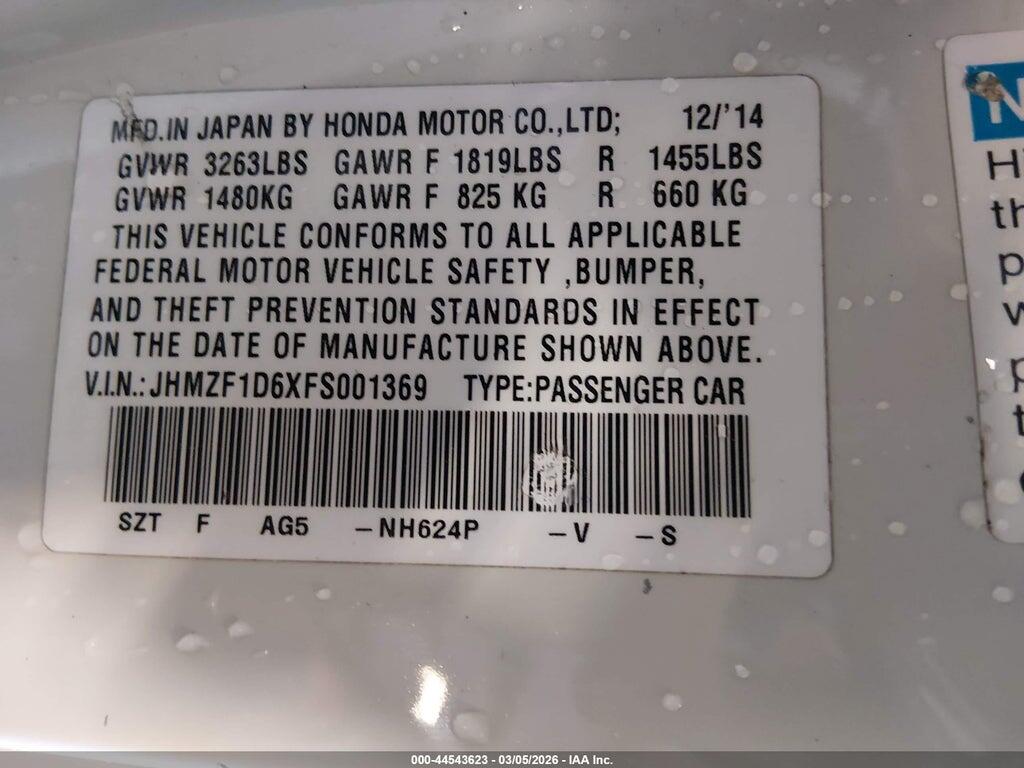 JHMZF1D6XFS001369 2015 HONDA CR-Z photo no. 9