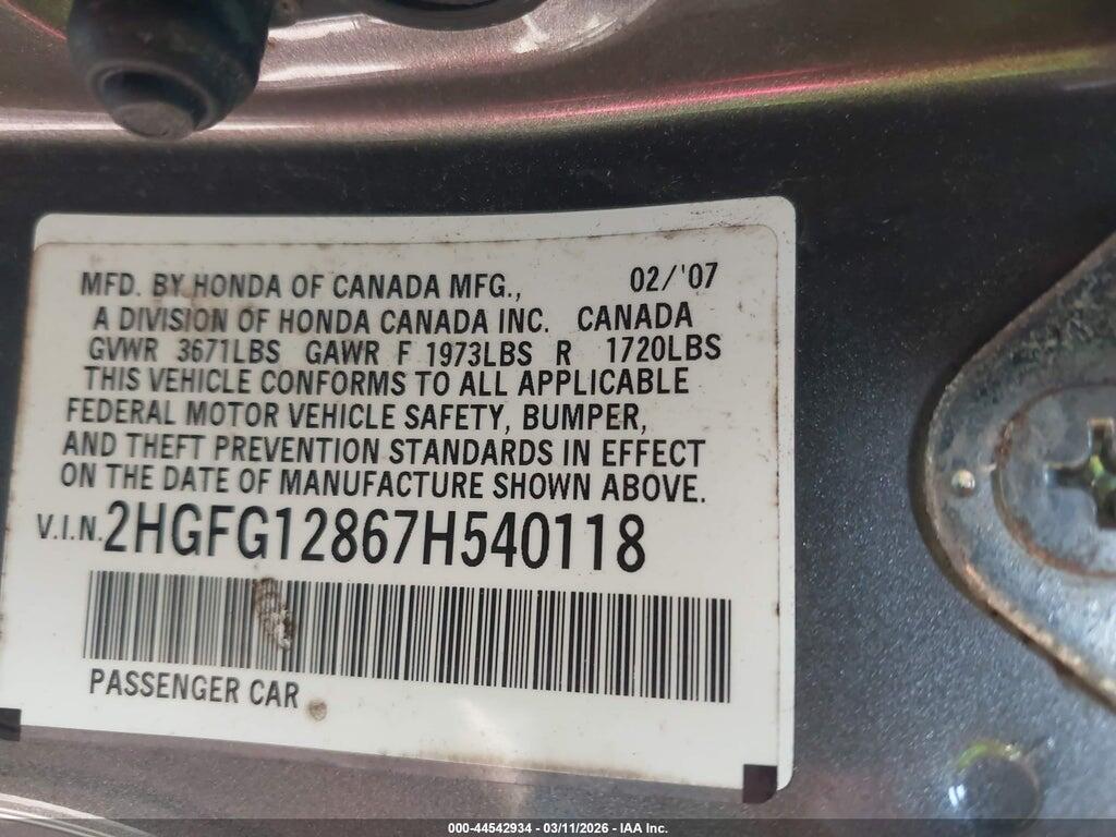 2HGFG12867H540118 2007 HONDA CIVIC photo no. 9