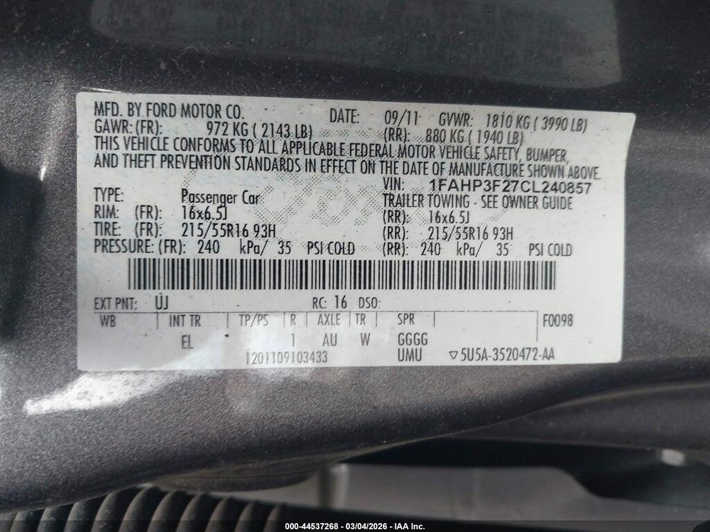 1FAHP3F27CL240857 2012 FORD FOCUS photo no. 9