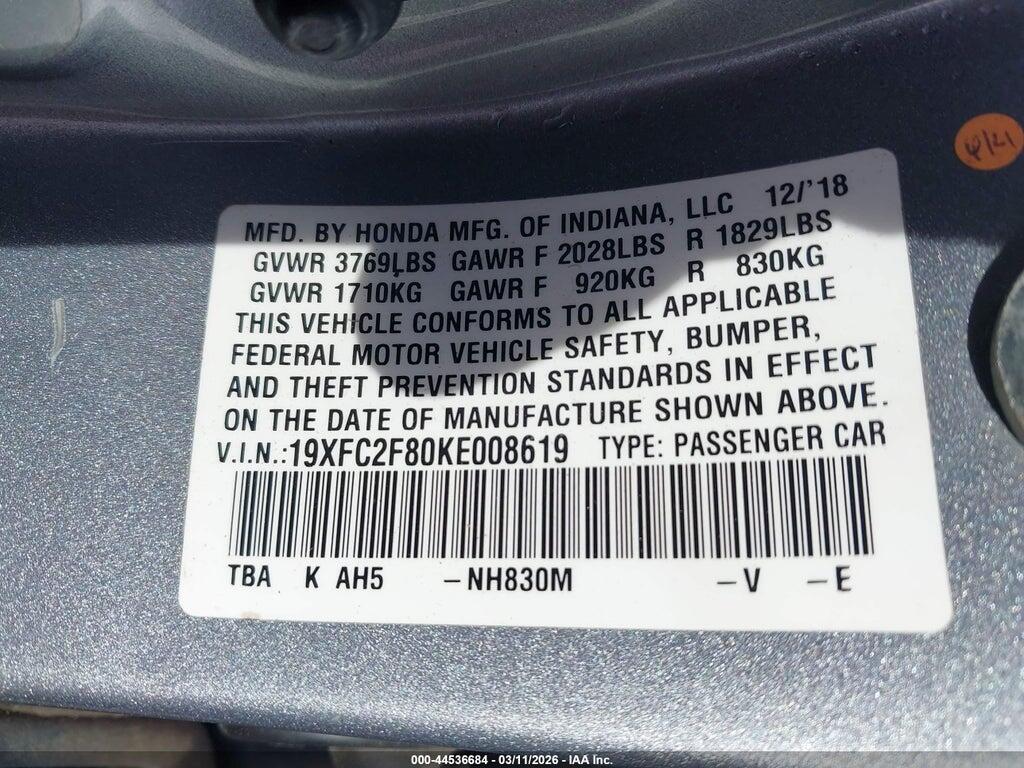 19XFC2F80KE008619 2019 HONDA CIVIC photo no. 9