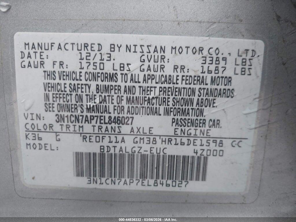 3N1CN7AP7EL846027 2014 NISSAN VERSA photo no. 9