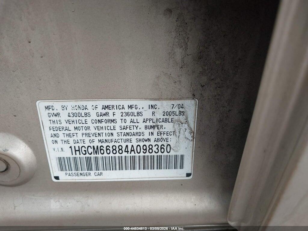 1HGCM66884A098360 2004 HONDA ACCORD photo no. 9