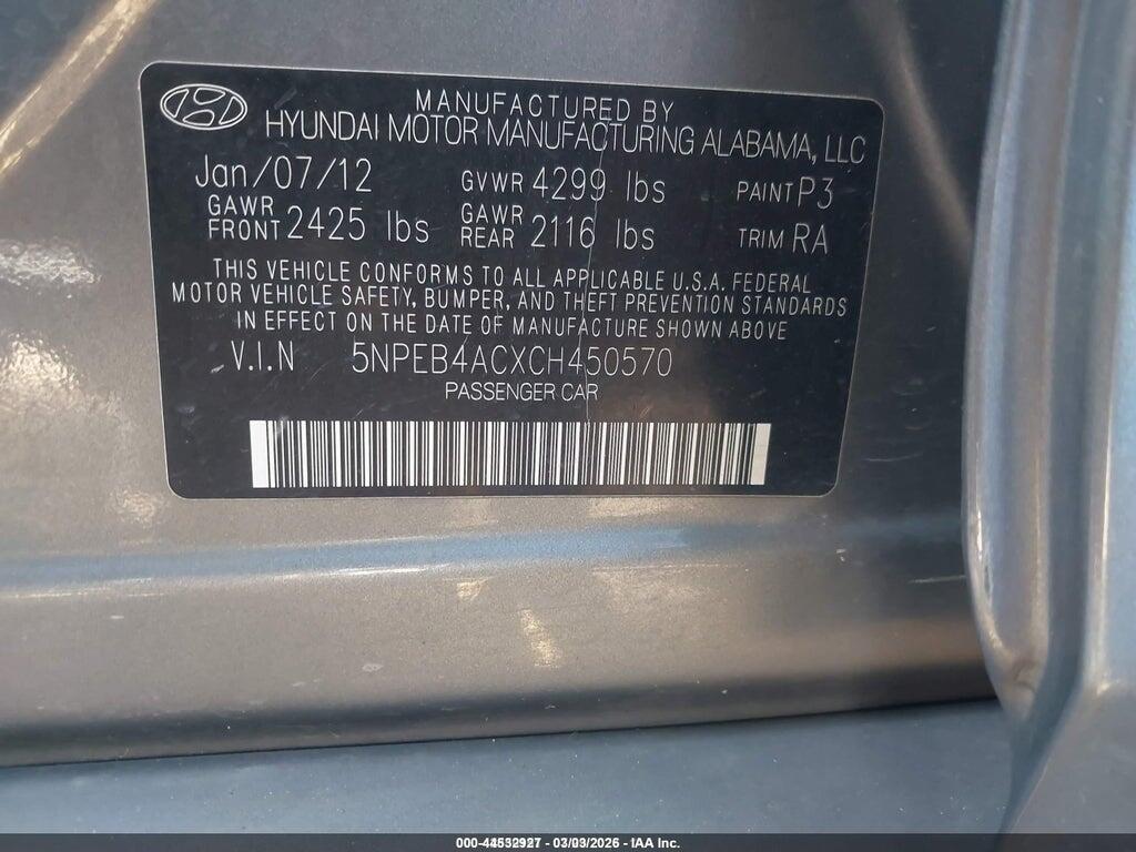 5NPEB4ACXCH450570 2012 HYUNDAI SONATA photo no. 9