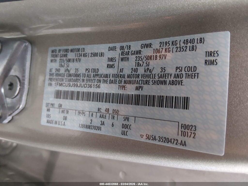 1FMCU9J99JUD36156 2018 FORD ESCAPE photo no. 9