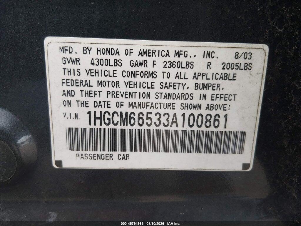1HGCM66533A100861 2003 HONDA ACCORD photo no. 9