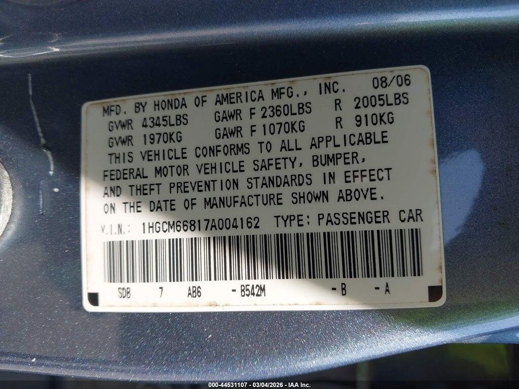 1HGCM66817A004162 2007 HONDA ACCORD photo no. 9
