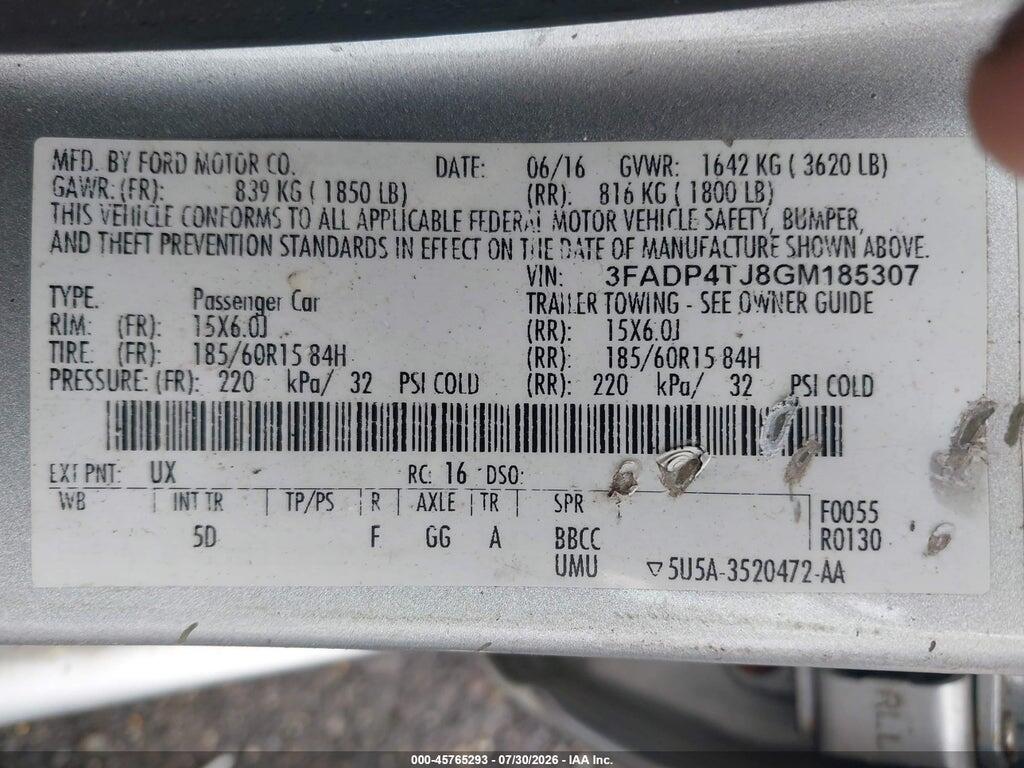 3FADP4TJ8GM185307 2016 FORD FIESTA photo no. 9