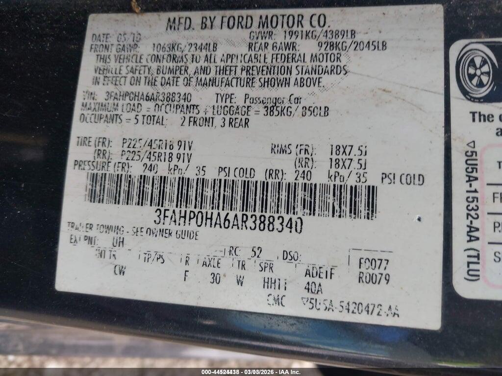 3FAHP0HA6AR388340 2010 FORD FUSION photo no. 9