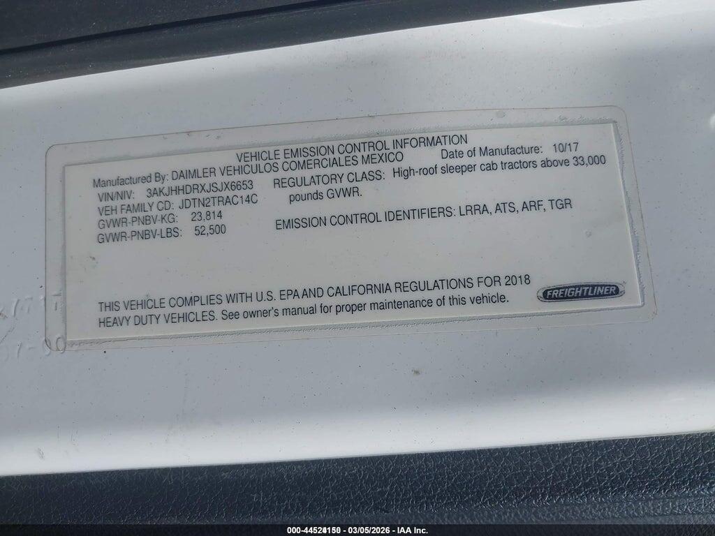 3AKJHHDRXJSJX6653 2018 FREIGHTLINER NEW CASCADIA 126*ORS photo no. 9